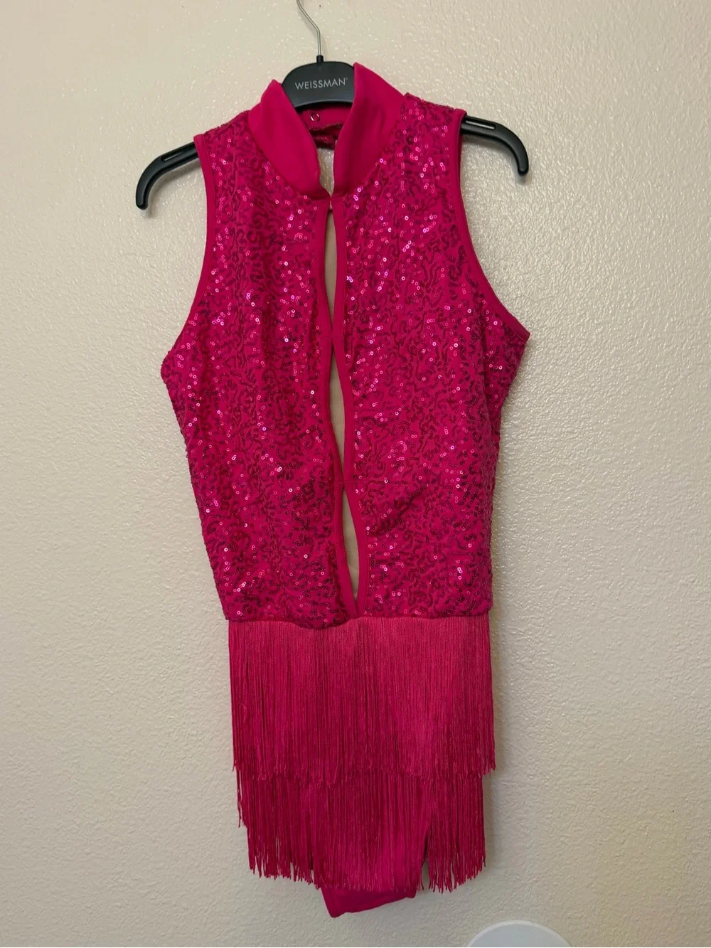 WEISSMAN Balera Dance hot pink sequin Costume KEYHOLE FRONT FRINGE D10969 XLA